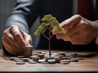 Coin Tree Cultivation: Businessman Planting a Money Tree on a Stack of Coins